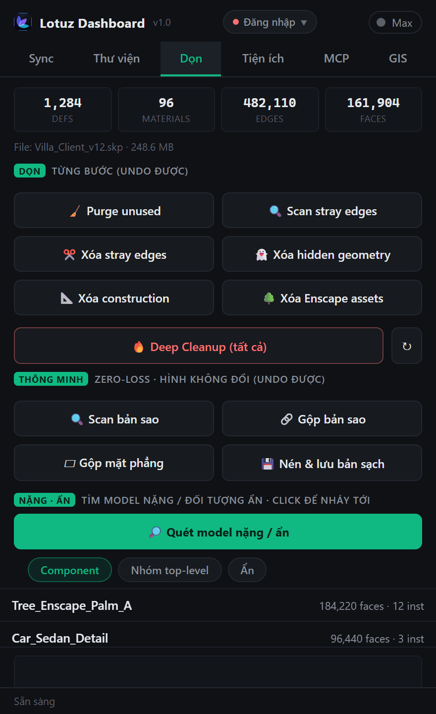 Cleanup tab — purge, stray edges, deep cleanup, heavy scan